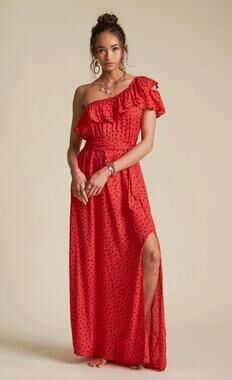 new billabong x sincerely jules your side ruffle one shoulder maxi dress medium